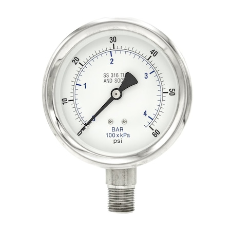 Pic Gauges 4 in Dial, 1/2 in NPT Male Lower Location, Stainless Steel Case Material PRO-301D-402D-01